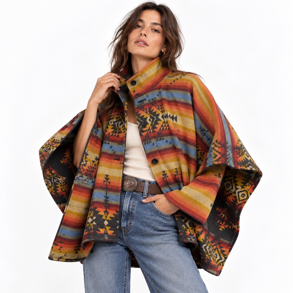 Pendleton Chaparral Reversible Wool Poncho Cape Aztec Southwestern Pattern OS